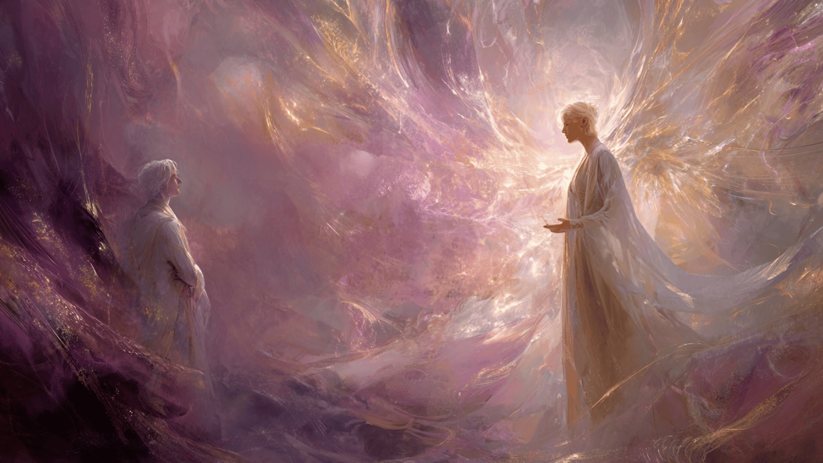 A luminous ethereal encounter between a human soul and their Oversoul, or Divine Double, in a swirling field of golden and violet light, evoking a near-death experience or higher-realm communion.