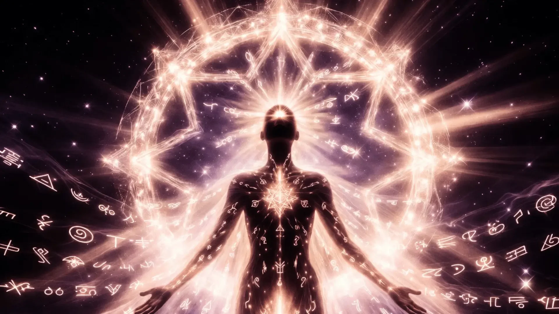 Mystical figure connected to cosmic light and sacred symbols representing guided time travel journeys