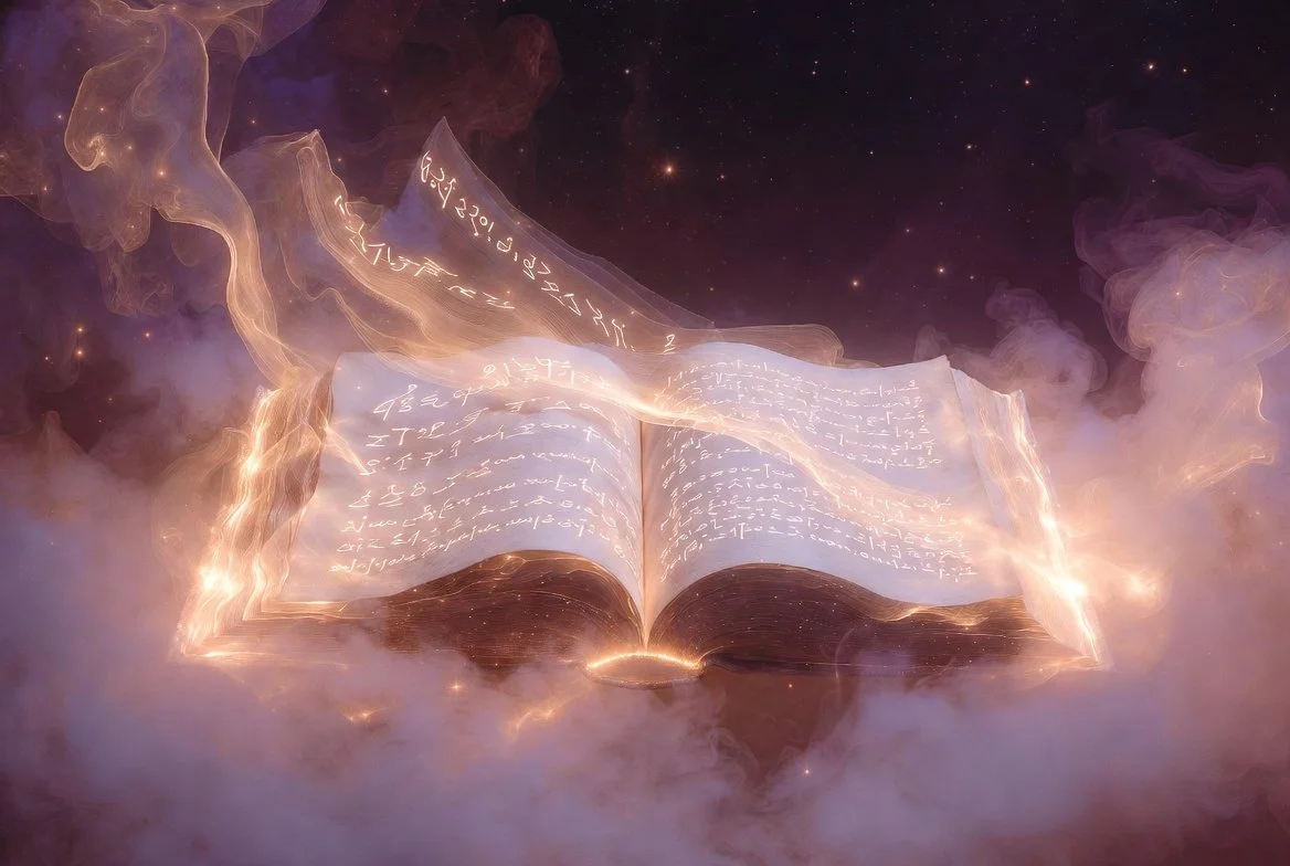 Open ethereal glowing book of Light Codes floating in soft plum and pale pink mist, representing God’s Book of Remembrance and the Akashic Records