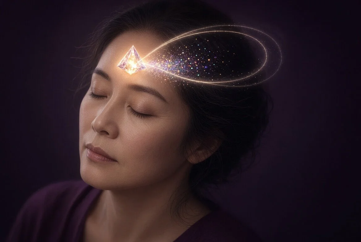 Crystal jewel pyramid of Light at the starseed third eye with a golden crystalline channel looping from the brow to the crown.