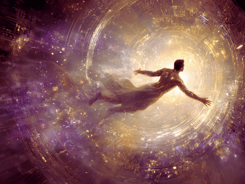 A Starseed man flies through the opening of a Stargate portal representing the initial stages of the journey of the Starseed