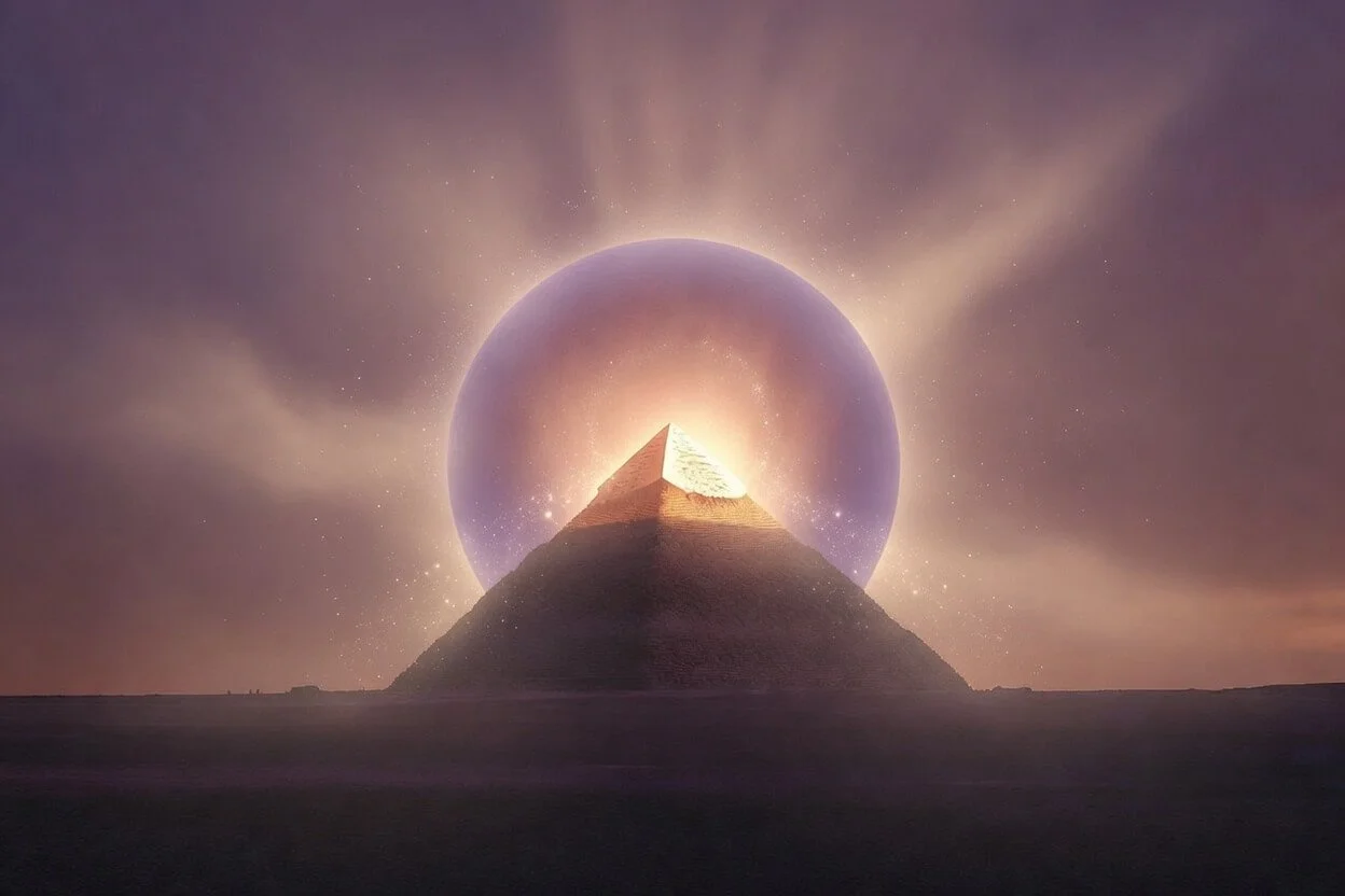 Ancient Egyptian pyramid silhouette with glowing inner pyramid of light inside a luminous sphere and visible capstone, mystical ethereal scene in deep plum, gold, and lavender, Starseed sacred geometry symbol