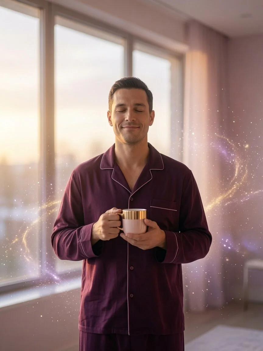 Peaceful man in deep plum pajamas holding coffee, eyes closed with a gentle smile, bathed in soft morning light with subtle cosmic energy sparkles