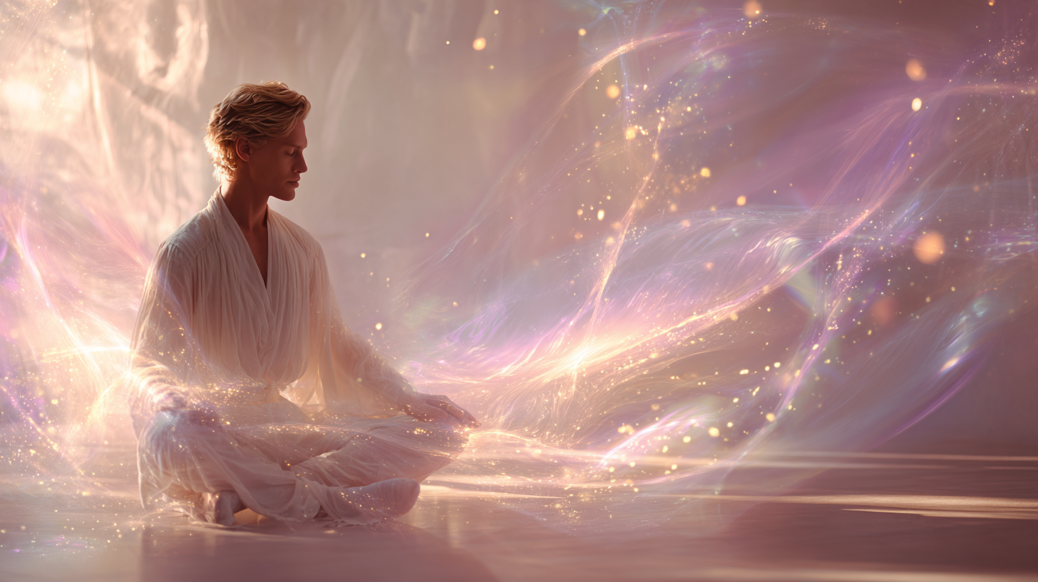 A young man in meditation with his expansive radiant aura symbolizing energy cleansing and Starseed aura hygiene practices to prevent sickness, disease, and energetic drain through proactive aura maintenance.