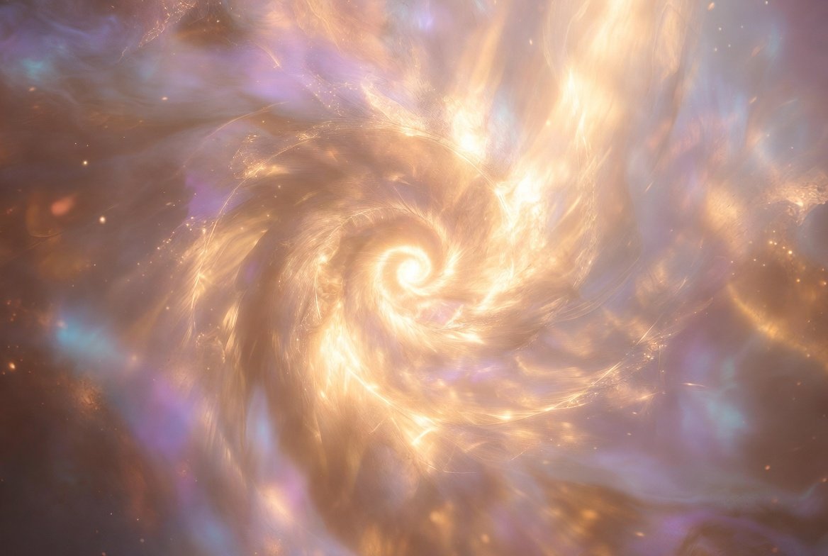 Ethereal golden spiral of Light floating in cosmic ethers, warm pink and lavender glow, sacred geometry Stargate energy
