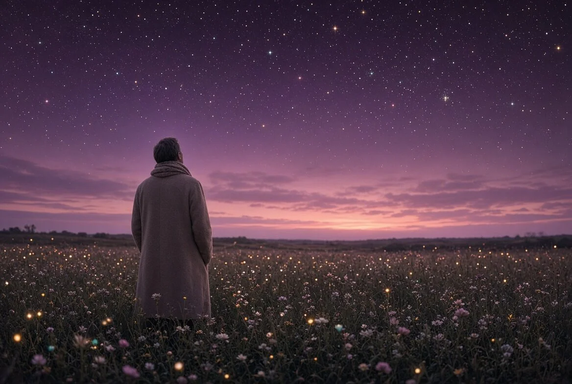 A middle-aged Starseed stands in a field at night looking up at the stars, homesick for a place that cannot be named.