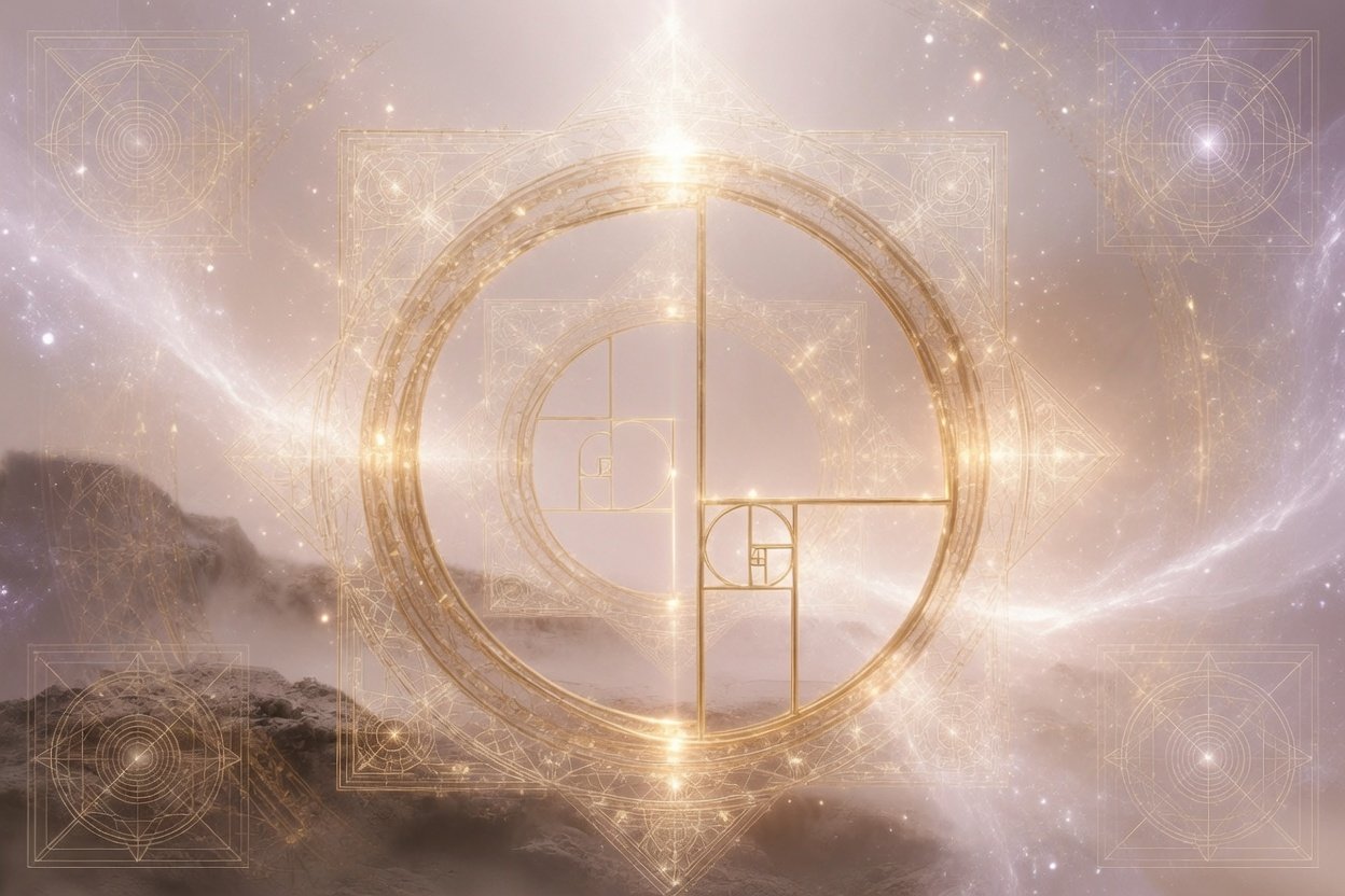 Luminous golden ratio Fibonacci spiral and sacred geometry forming an ethereal Stargate portal of pure gold light on a soft pale pink and lavender background – mystical Stargate for conscious time travel