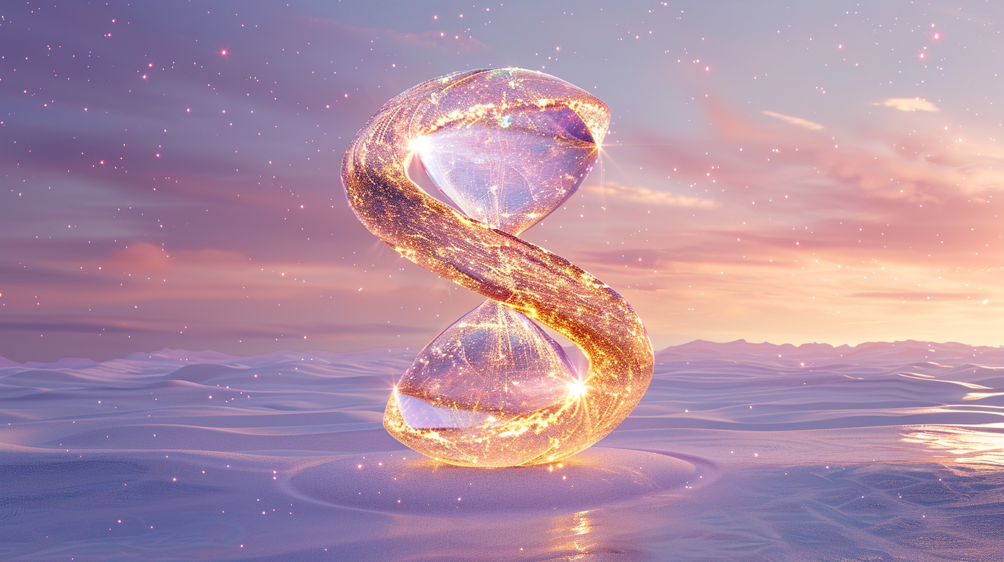 Minimalist abstract symbol of a glowing golden portal representing the eternal Now and timeline shifting, with delicate light threads in warm pale pink mist and deep plum shadows floating in serene white space, evoking omnificent manifestation.