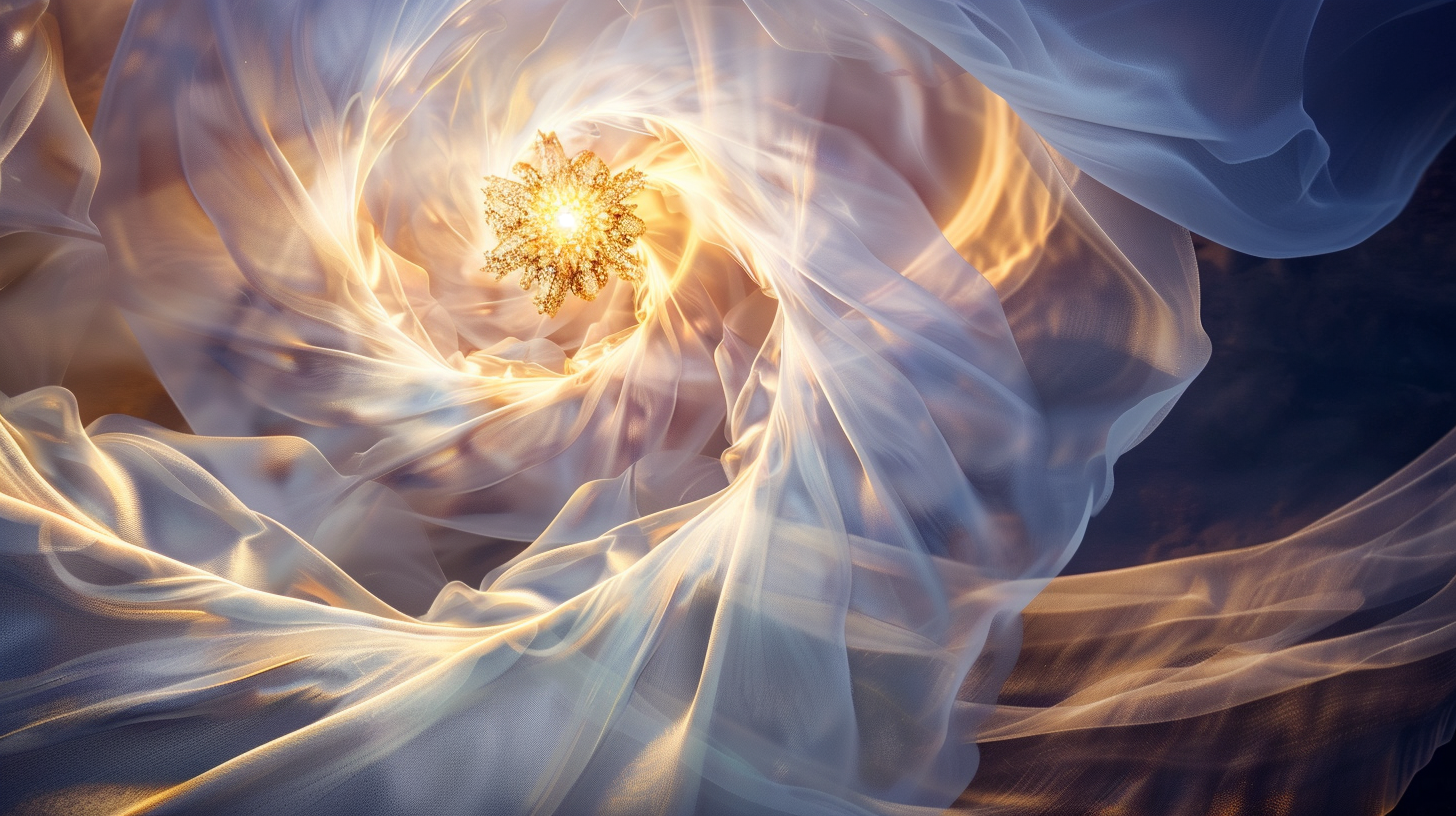 Ascending elegant spiral of pure gold and white light rising from deep plum shadows, evoking feed Light to get Light, syntropy's eternal growth, Shiva rebirth and Starseed ascension