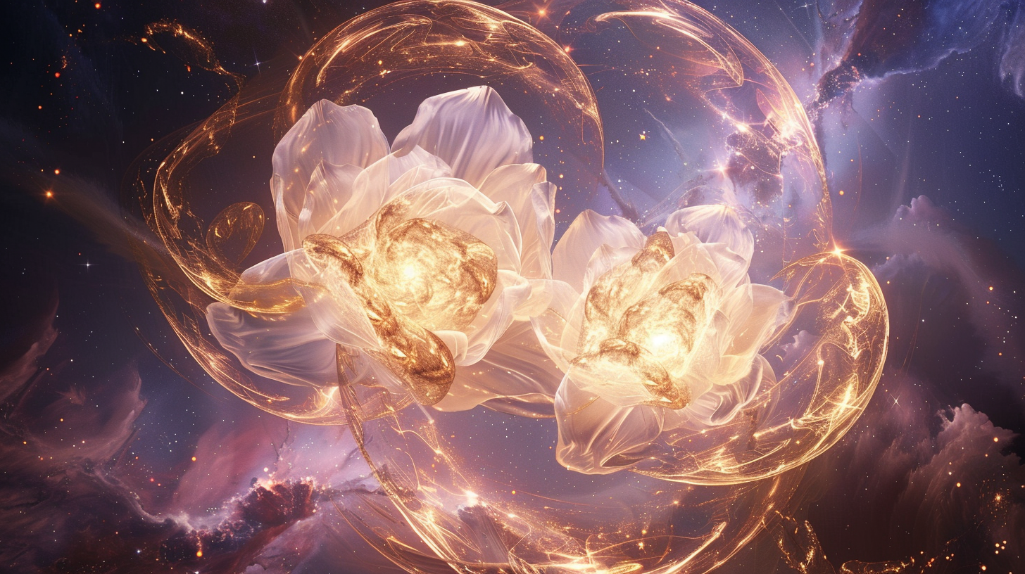 two intertwined lotus flowers — one in warm pale pink and one in radiant gold-white — delicately connected by subtle threads of light symbolizing the sacred bond between the 3D Starseed self and the Future Self in the Higher Realms.