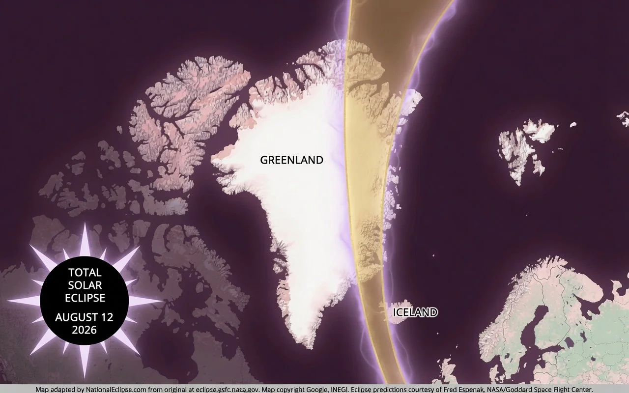 Colorized map of August 12 2026 total solar eclipse path showing totality from Greenland through Iceland to northern Spain, in deep plum, gold, lavender, and pale pink mystical branding colors.