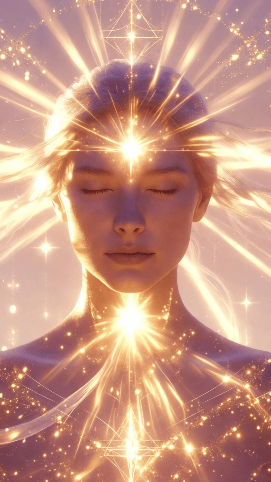 Serene starseed woman with eyes closed, channeling the Superconscious Voice – radiant golden light activating her throat and third eye in the Golden Plane of God Voice meditation