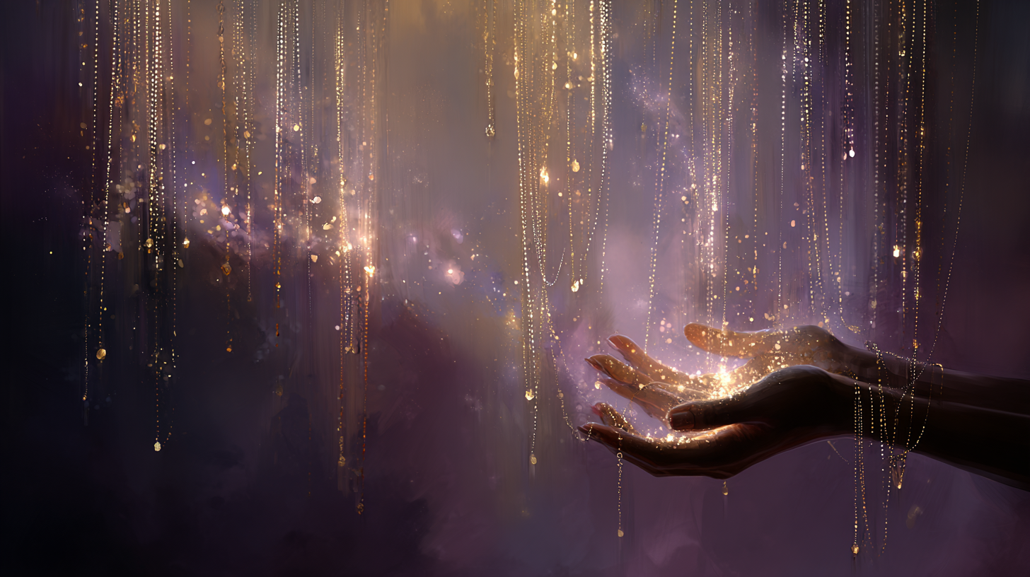 Starseed receiving flowing golden light and dissolving scarcity chains, deep plum shadows with warm pale pink and white glow, symbolizing reclamation of divine abundance and liberated service.
