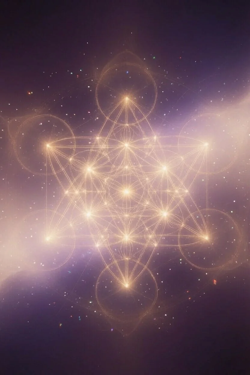 Serene sacred geometry with golden light on deep plum and lavender background, symbolizing personal guidance and inner awakening