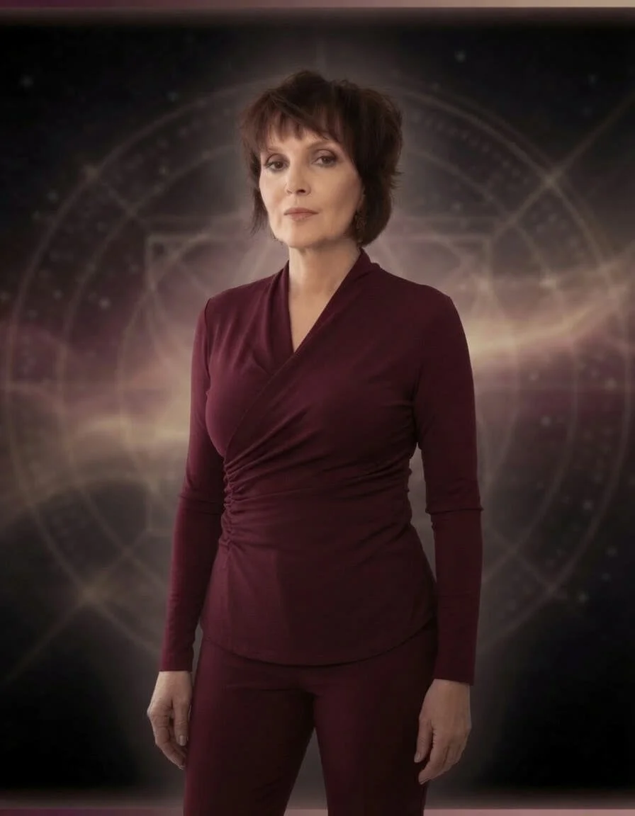 Portrait of Purusha Radha, Pleiadian Starseed guide and founder of Stargates Beckon, standing in a deep wine wrap top against a cosmic starry background with sacred geometric patterns.