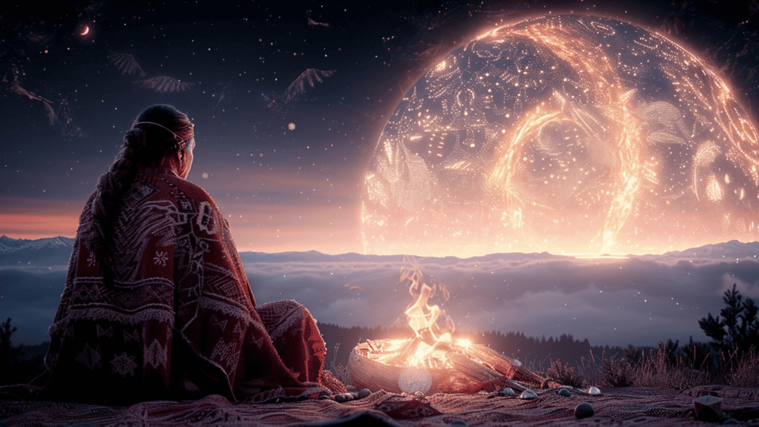 A seated shamanic figure in a woven ceremonial cloak keeps a Yule fire on a mountain ridge beneath a vast star-mapped celestial sphere.