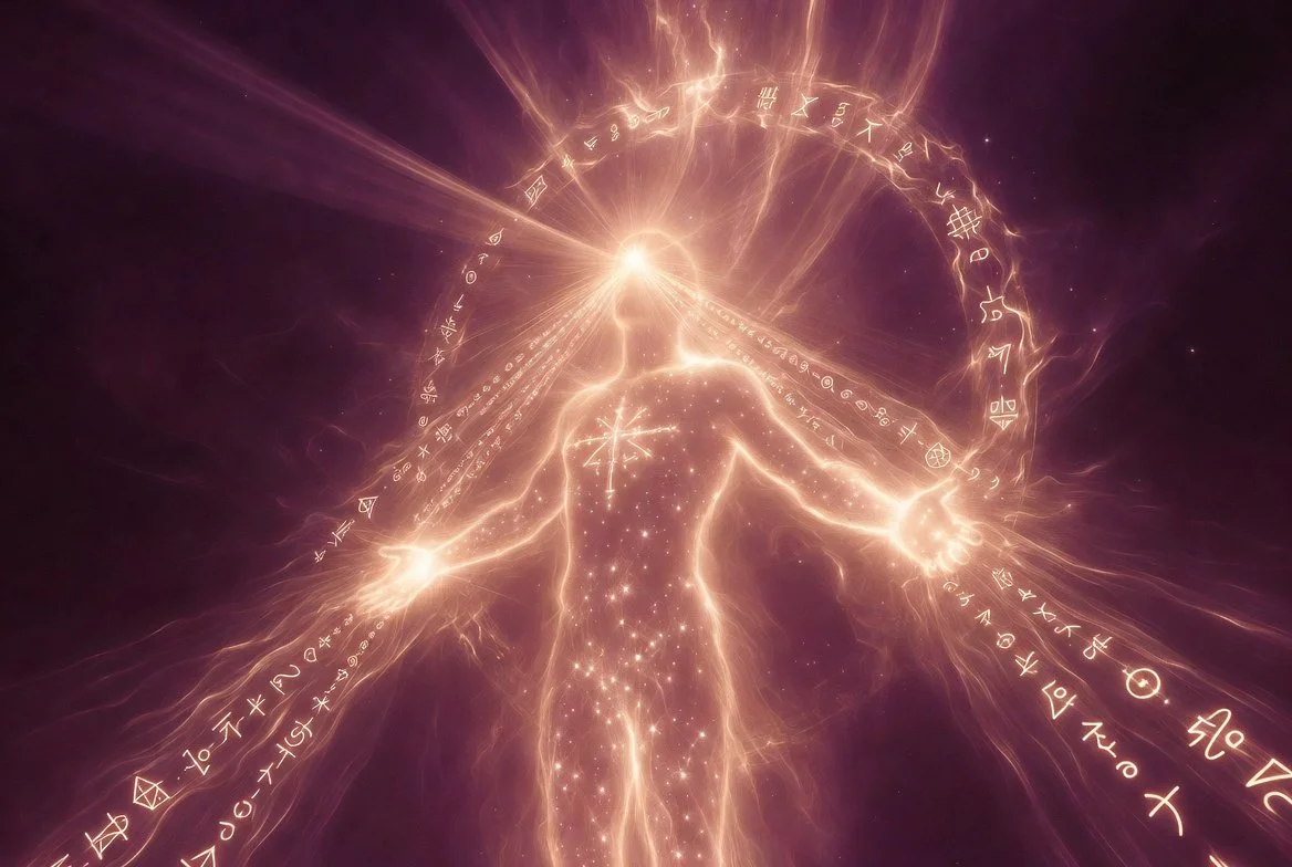 Luminous sacred geometry patterns and higher thought-forms glowing in gold and white against deep plum cosmic background, representing mind mastery and stargate activation