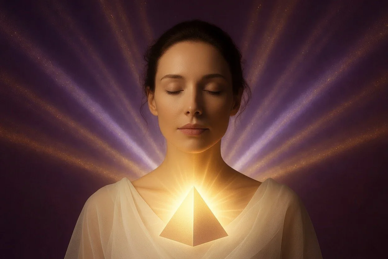 Serene woman facing forward with glowing golden pyramid of light at her heart center and radiant beams from heart and upper back, deep plum background, sacred geometry for Starseed healing and protection