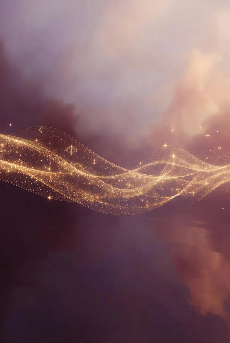 Horizontal flowing golden sound waves embedded with light language codes, liquid starlight frequencies in deep plum and warm pink cosmic space