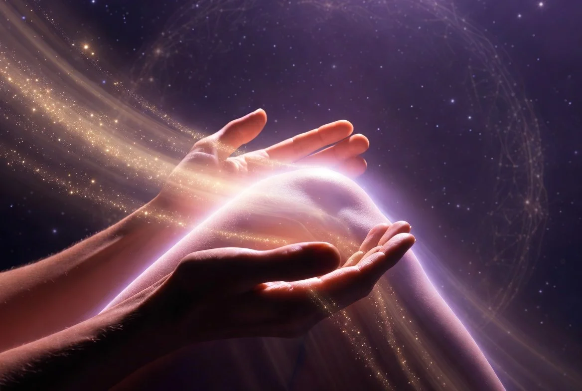 Starseed using Hands of Light to channel healing divine light into knee for rapid self-healing