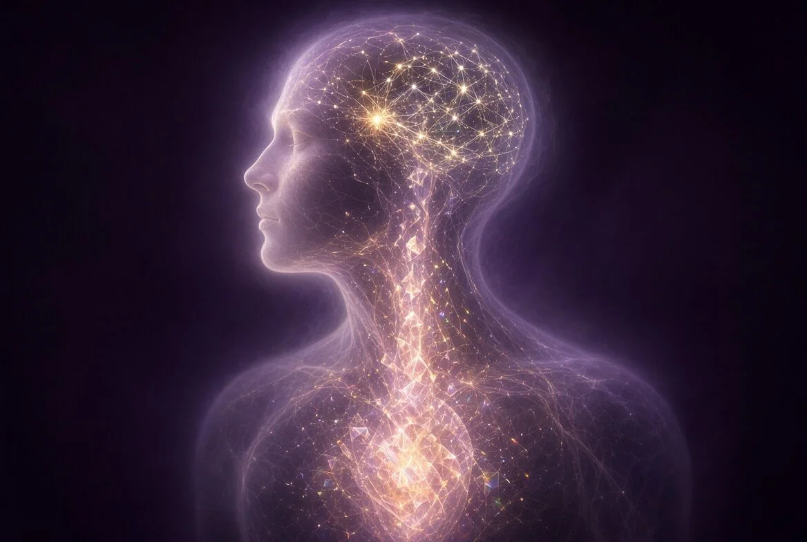Light anatomy of a Starseed showing Quark Quad Truth, or Ingee Ka, rising through the blood into a sparkling crystalline third brain recorder cell in the right frontal lobe.