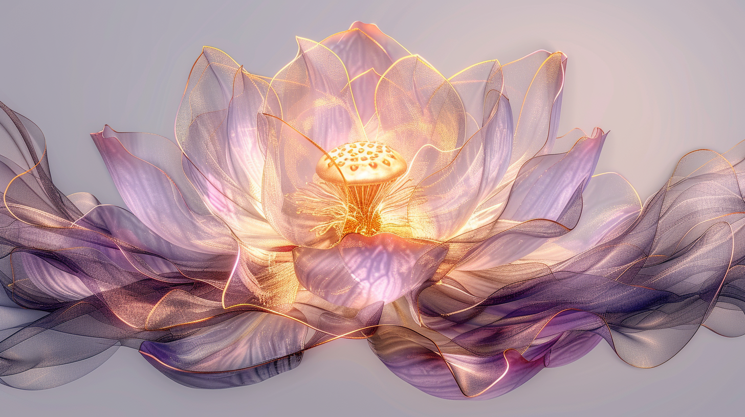 Elegant minimalist abstract of a luminous golden lotus blooming softly in warm pale pink and deep plum gradients against a pure white void, symbolizing the omnificent creative power of Imagination manifesting dreams in the present moment.
