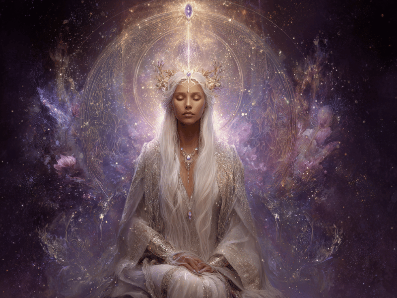 A Starseed Goddess sits on a celestial throne set in the seventh dimension Pleiades, the image representing Mastery of third dimensional Earth frequency.