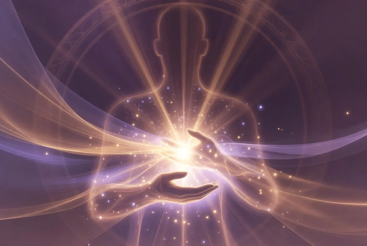 Human energy field aura with Hands of Light channeling divine light through palm chakras