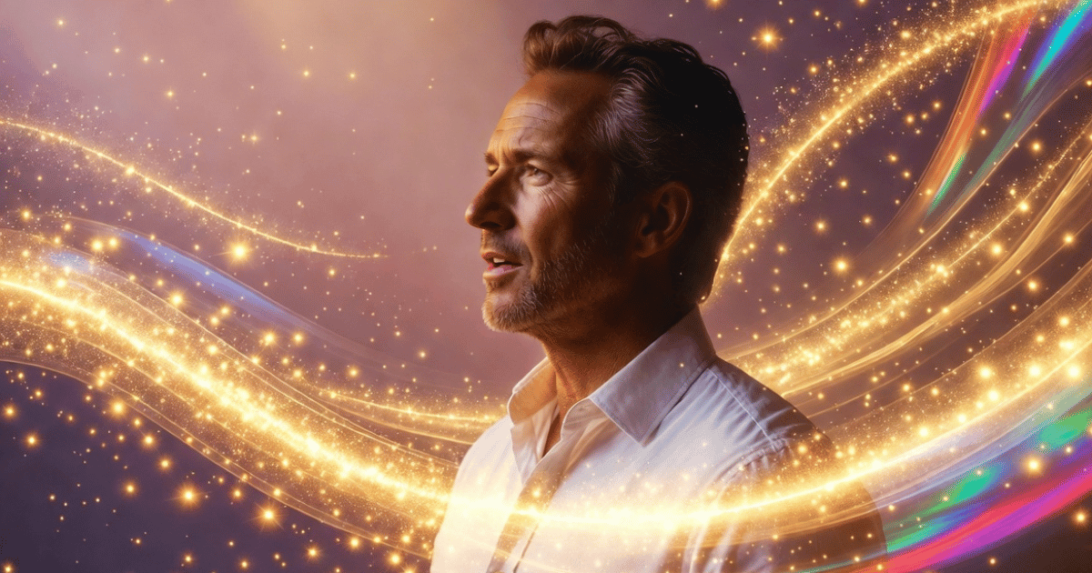 Starseed man speaking a daily affirmation aloud, surrounded by swirling golden starry light energy — representing the power of conscious declaration and higher frequency alignment