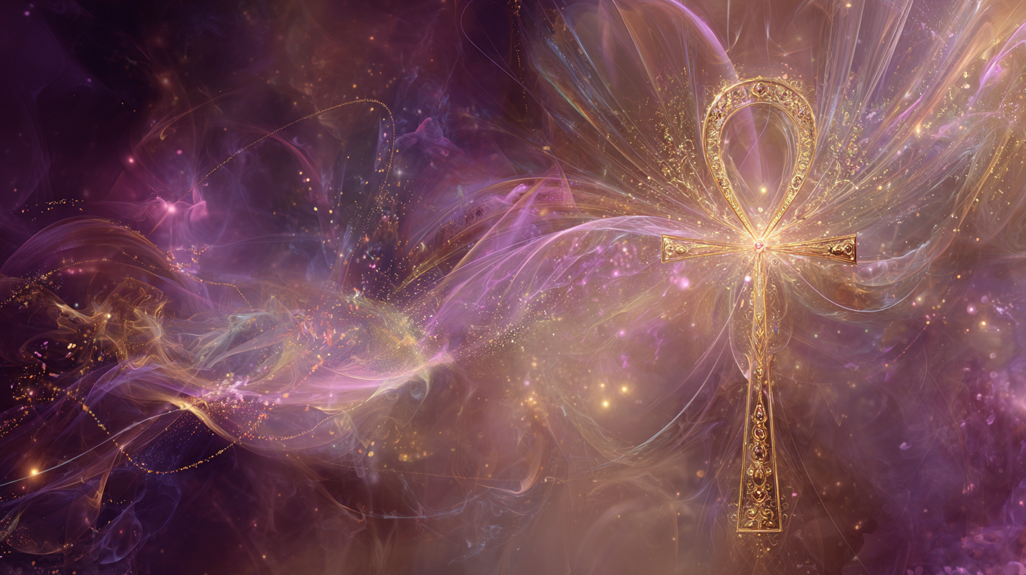 Luminous golden Ankh overlaid on a radiant light body energy field, symbolizing the electromagnetic key to flesh body immortality, axiatonal activation, and Decision A embodiment for Starseeds.