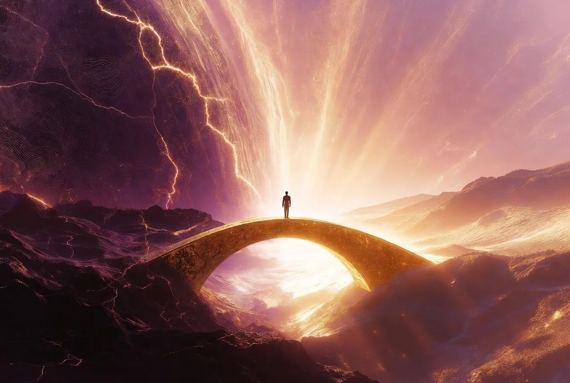 Calm figure standing centered on a golden bridge, transitioning from chaotic duality (deep plum) into radiant New Earth. Represents becoming the Observer during cognitive dissonance and the Great Shift for Starseeds.