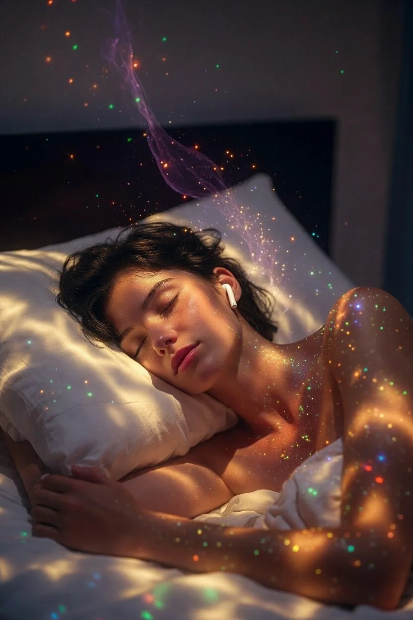 Woman peacefully experiencing guided time travel audio with earbuds, surrounded by cosmic light