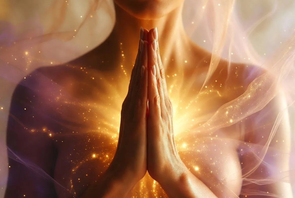 Close-up of woman’s hands in Anjali Mudra prayer gesture, glowing with golden light – sacred hand position for Starseed prayer and meditation