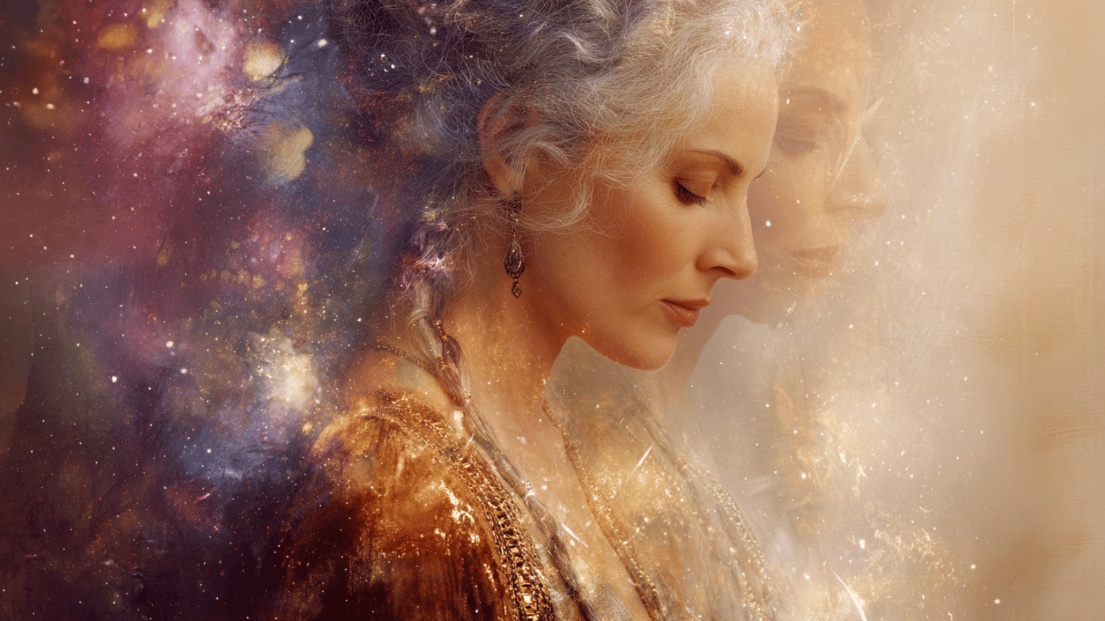 Serene woman with closed eyes and a radiant golden overlay of her Higher Self or Oversoul, set against a cosmic nebula of stars and light, symbolizing the Divine Double and direct connection to Source.