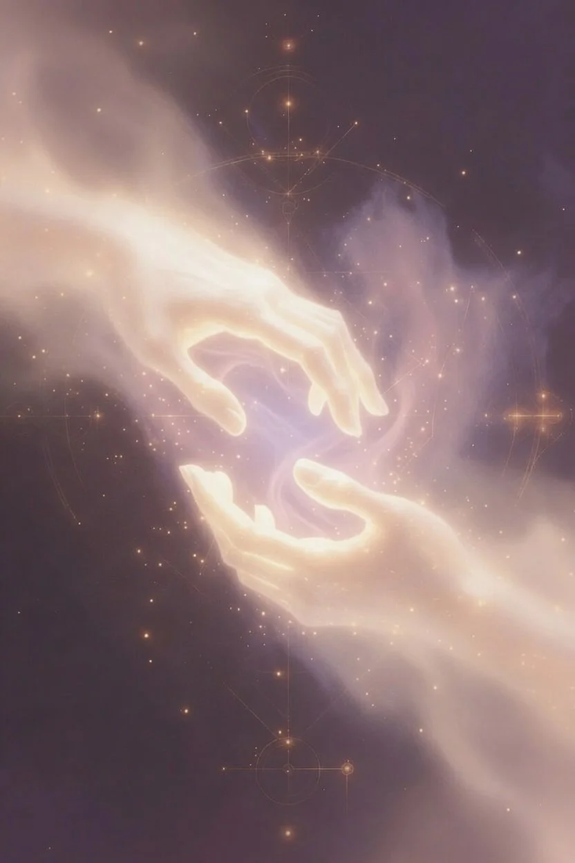 Two gentle glowing golden hands reaching toward each other in soft light, symbolizing heart-to-heart connection and personal response