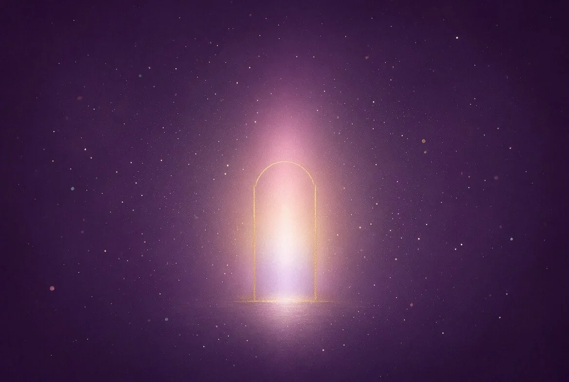 A simple gold arch stands open in a deep plum field of quiet stars, filled with warm pale pink and white light — the inner door of knowing you are a Starseed.