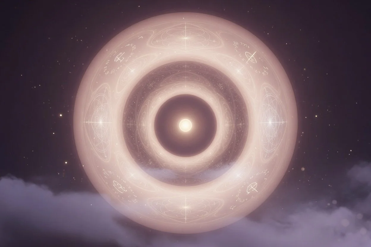 Circular warm pale pink light corridor of Akasha leading into infinity with glowing otherworldly sacred geometry and mathematical symbols etched on the curved walls, deep plum background