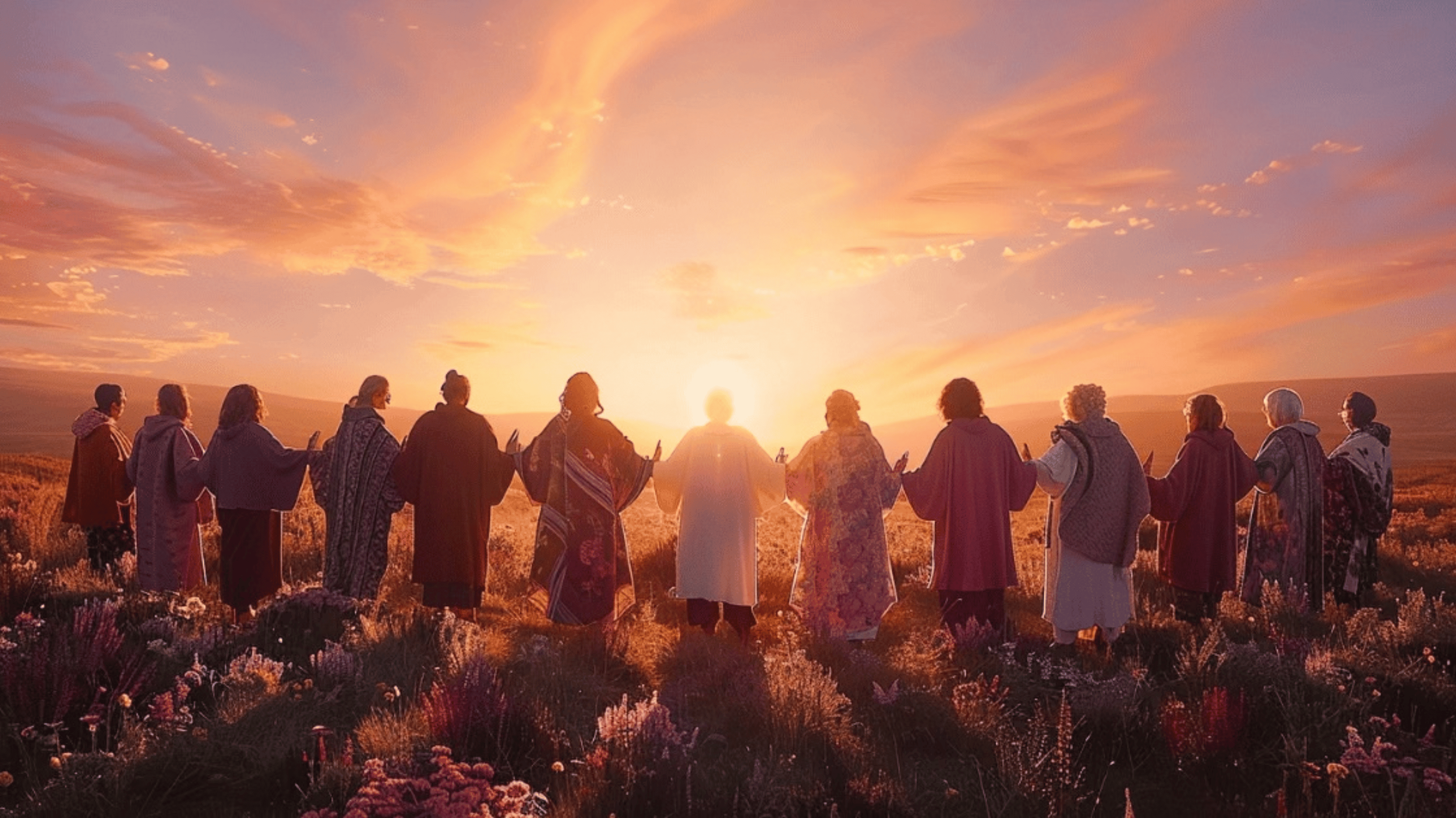 Circle of Starseeds in ceremonial cloaks standing in a wildflower field, facing the rising Sun in a Winter Solstice dawn greeting.