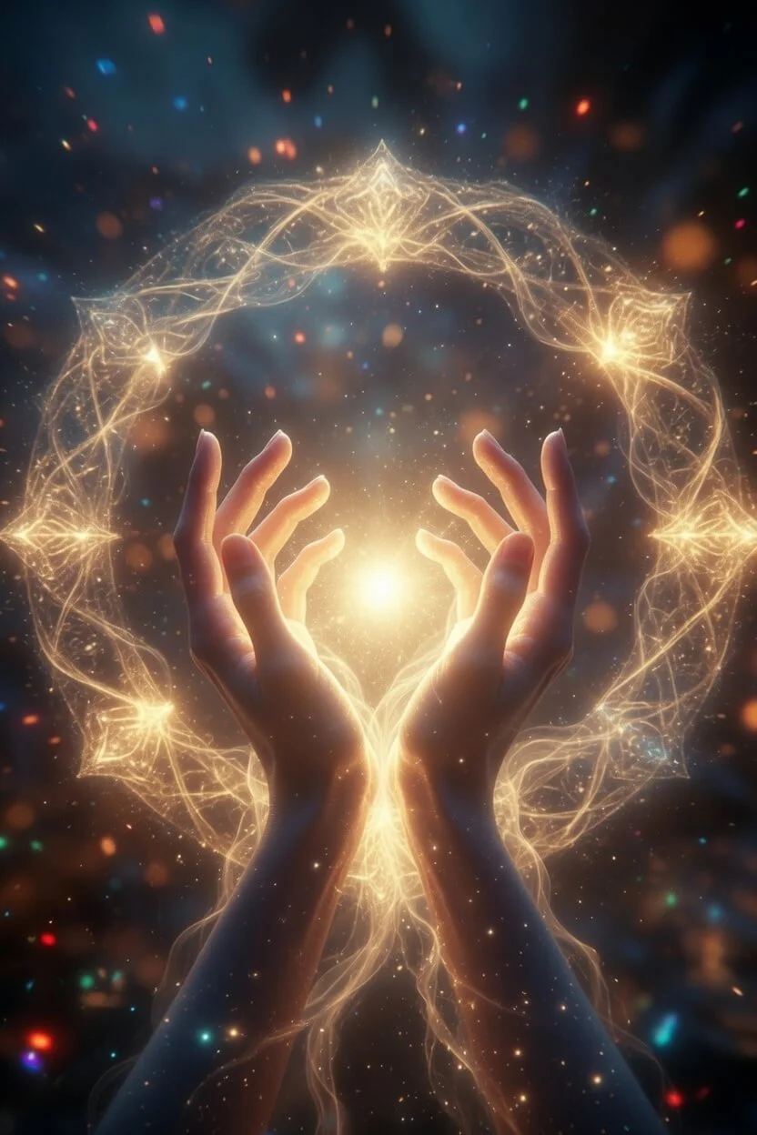Open hands in a warm offering gesture with ethereal golden Stargate and light, symbolizing guidance and activation