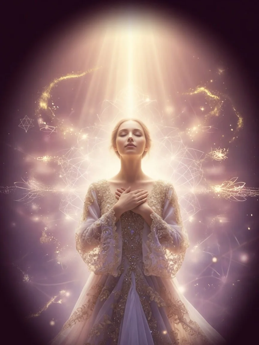 Serene radiant woman with hands over her heart, bathed in divine golden light and sacred geometry, evoking quantum energy healing and spiritual activation