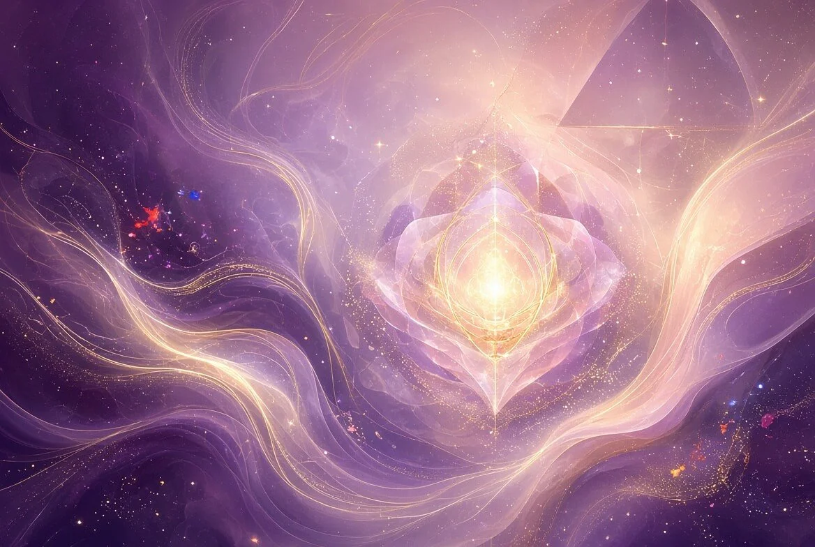 Mystical abstract streams of gold, pale pink, and lavender Light with sacred geometric forms, illustrating the Starseed treasure trove of luminous instruments and divine Light codes