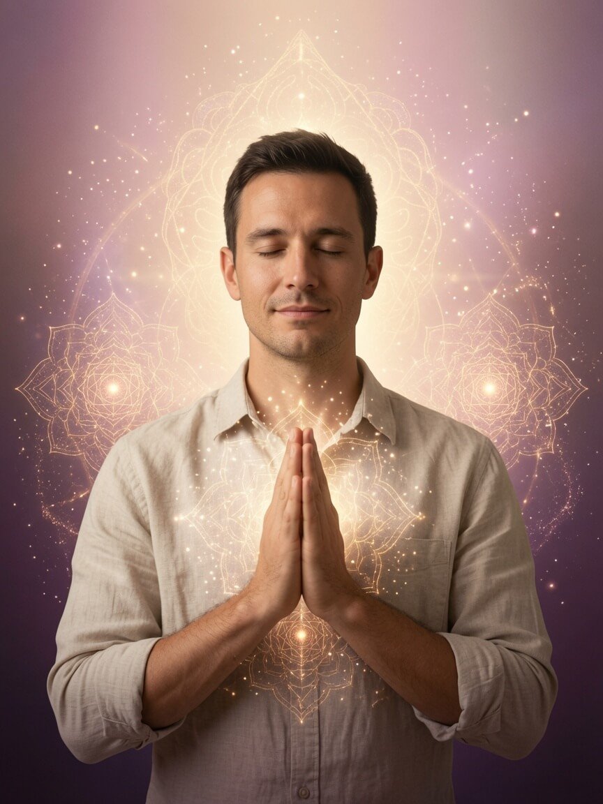 Handsome man in peaceful meditation with hands in prayer position at his heart, glowing with sacred golden light and subtle sacred geometry