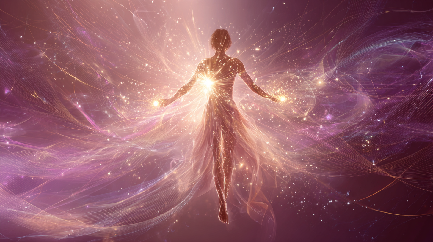 Glowing human silhouette in the process of flesh body ascension, surrounded by golden and white Light Body energy with subtle Merkabah geometry, representing axiatonal reprogramming and immortal embodiment for Starseeds.