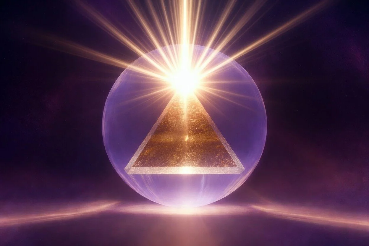 Golden pyramid of light inside a glowing lavender sphere with bright energy rays bursting from the apex, sacred geometry in deep plum and gold, Starseed protection shield symbol