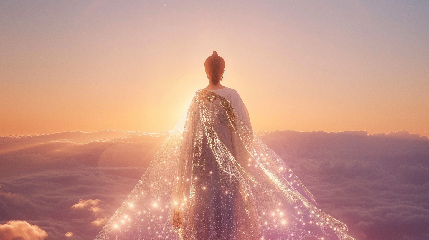 Starseed standing in golden dawn light with deep plum and warm pale pink sky, white rays illuminating open presence, embodying abundance as the stable foundation for liberated divine service on Earth.