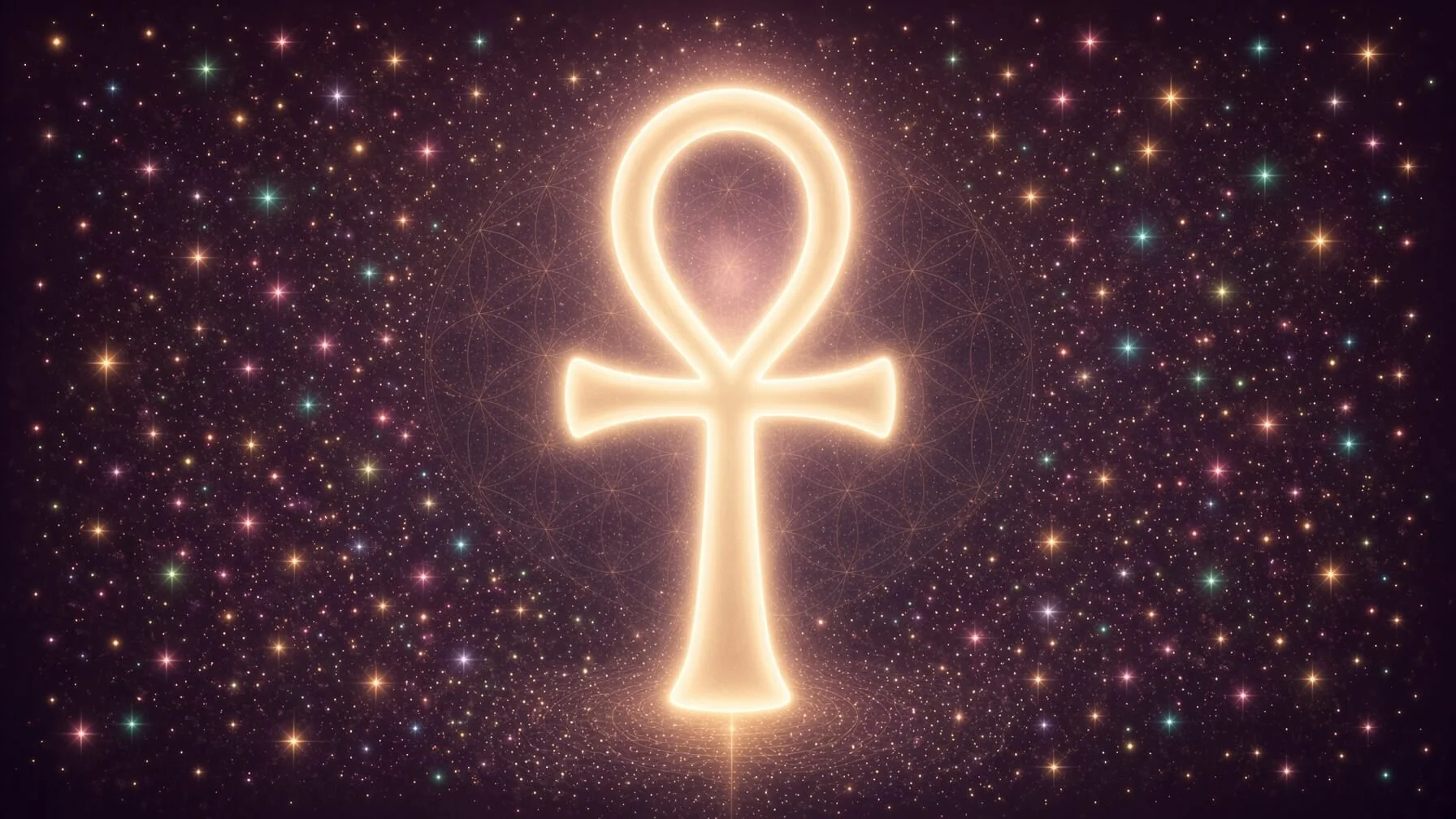 A soft gold-white glowing Ankh centered on a warm deep plum field, with a faint Flower of Life behind it and scattered sparkles of gold, pink, turquoise, and other colors.