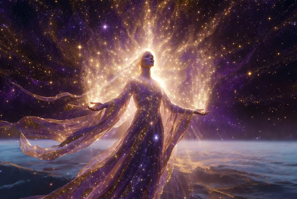 Starseed woman standing as a living Pleiadian Stargate during Summer Solstice, arms open receiving golden-white light codes from the Seven Sisters, deep plum and warm pale pink robes with gold accents, radiant Light Body activation