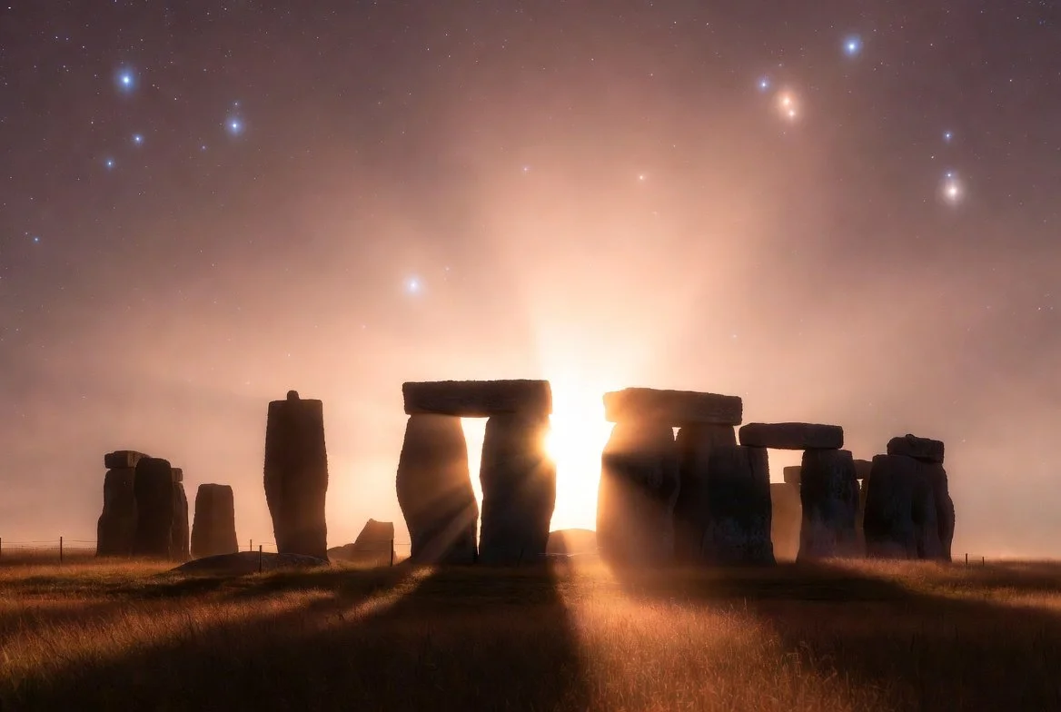 Summer Solstice sunrise at Stonehenge with golden sunlight streaming through the Heel Stone alignment and Pleiades visible in the deep plum dawn sky, warm pale pink and gold light rays, Pleiadian Stargate activation for Starseeds