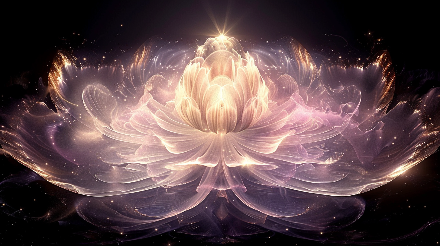 Ethereal cosmic convergence of golden light threads in deep plum void, symbolizing syntropy vs entropy, Starseed ascension and holy magnetized condition of unity and rebirth