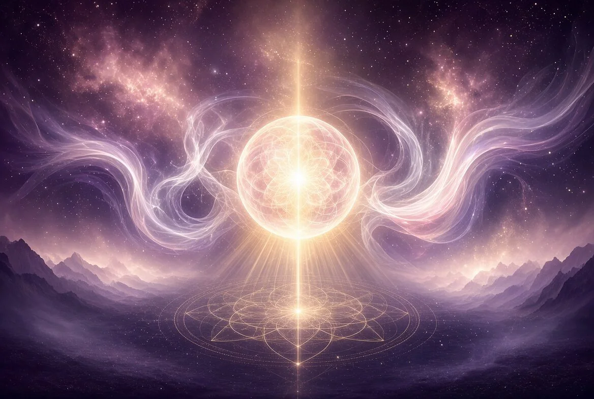 Ethereal Merkabah and sacred geometry sphere of golden-white Light radiating in a deep plum cosmic field, symbolizing the Starseed Aeroship of Light and divine operating system